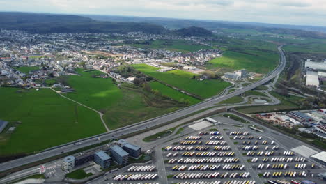 aerial view of truck stop and highway