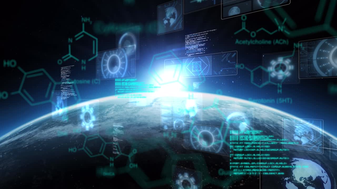지구와 태양 위의 화면에서 과학 데이터 처리 및 스 ⁇  스캐닝의 애니메이션