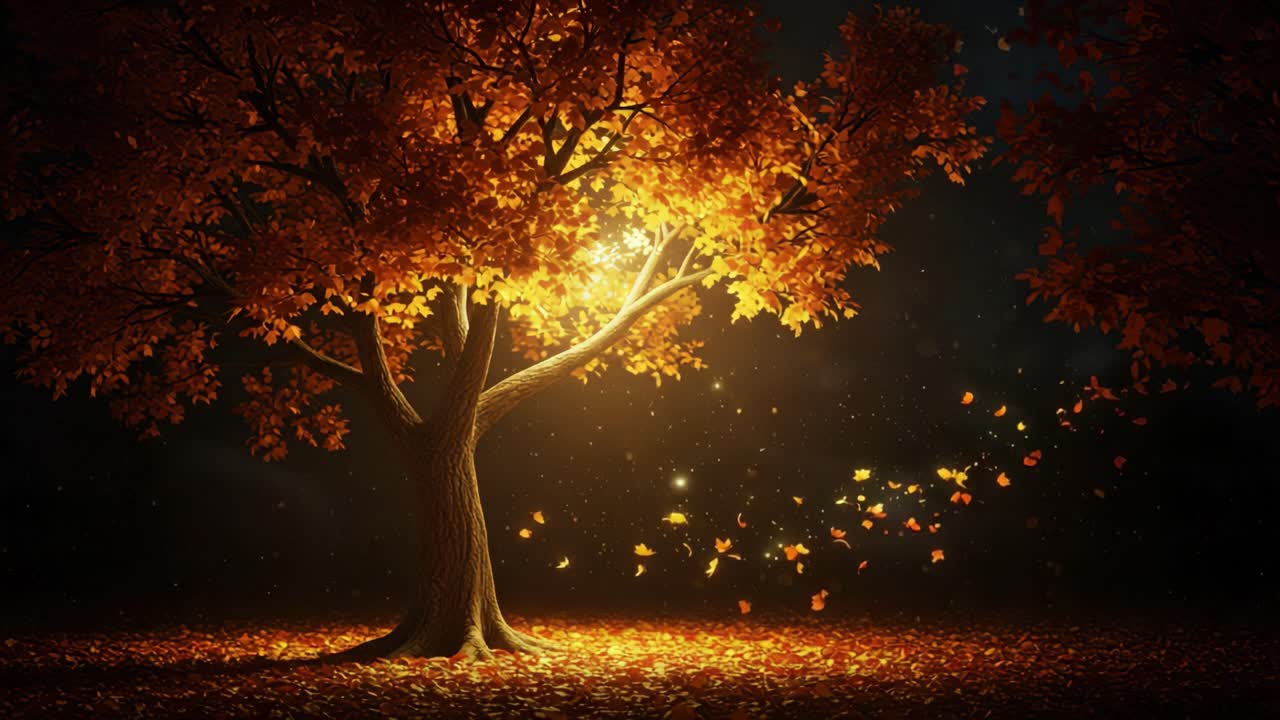 A Glorious Autumn Scene Featuring a Majestic Tree Adorned with Vibrant Orange Leaves, Illuminated by a Soft Glow of Light Amidst a Tranquil Night Sky