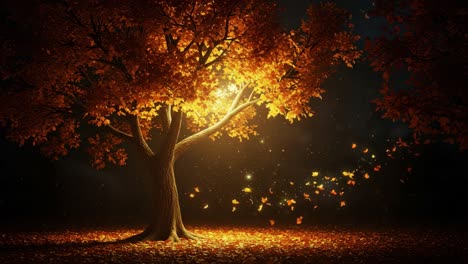 a glorious autumn scene featuring a majestic tree adorned with vibrant orange leaves, illuminated by a soft glow of light amidst a tranquil night sky