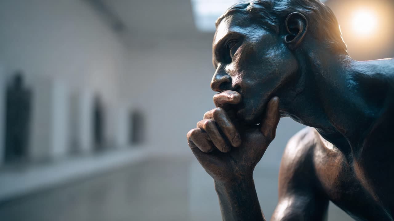 A Thoughtful Bronze Sculpture in an Art Gallery Reflects Deep Contemplation and Emotion Captured in an Elegant, Artistic Setting with Soft Lighting