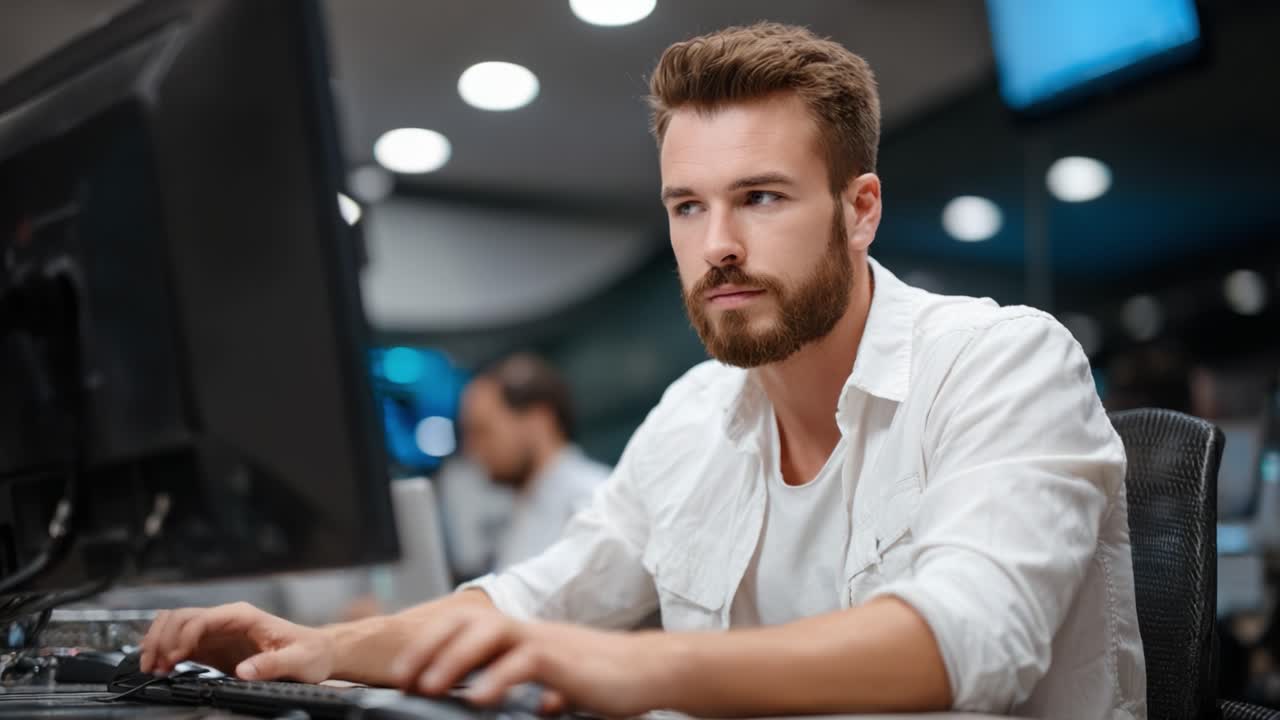 Focused Individual Engaged in Computer Work: Examining a Key Figure Dedicated to Digital Tasks in a Modern Office Environment