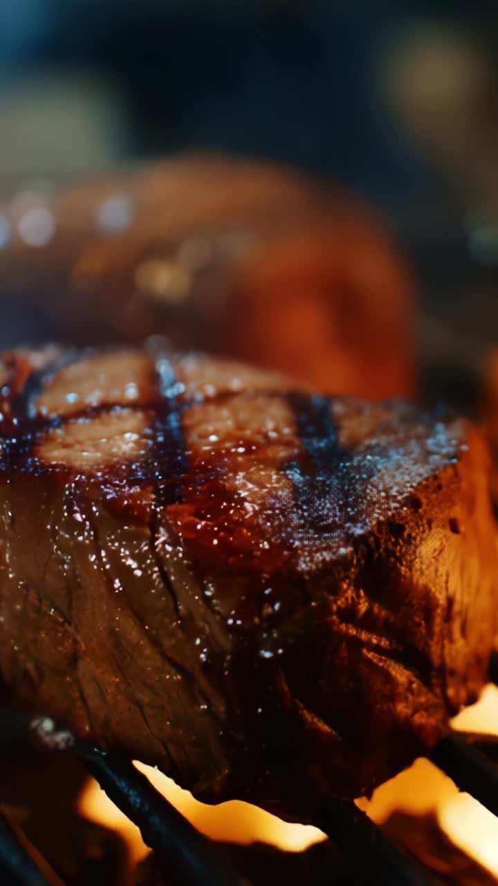 Sizzling Beef Steaks Grilling Over an Open Flame, Perfectly Charred and Juicy, Capturing the Essence of Outdoor Cooking and Culinary Delight