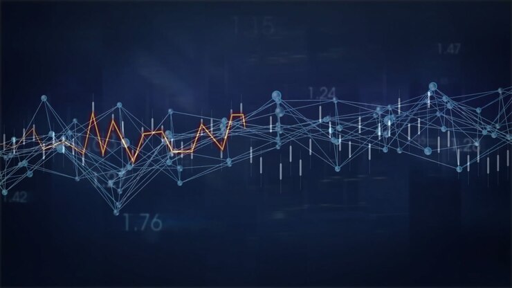 Starting dark backdrop pale blue nodes shifting on baseline ticks and orange trace visualizing data