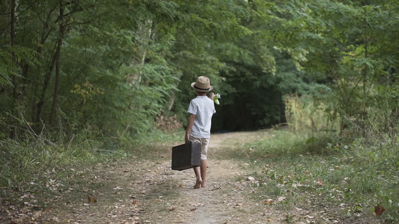숲에서  ⁇ 는 소년은 수하물을 들고 장난감 비행기를 가지고 놀고 있습니다.