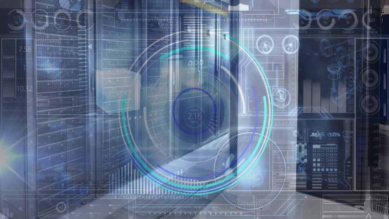 animación de la interfaz digital y procesamiento de datos a través de la sala de servidores