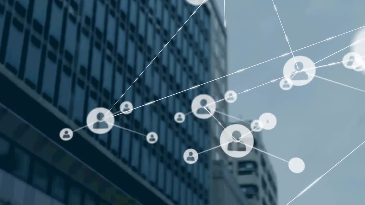현대적인 사무실 건물 위의 아이콘과 연결 네트워크의 애니메이션