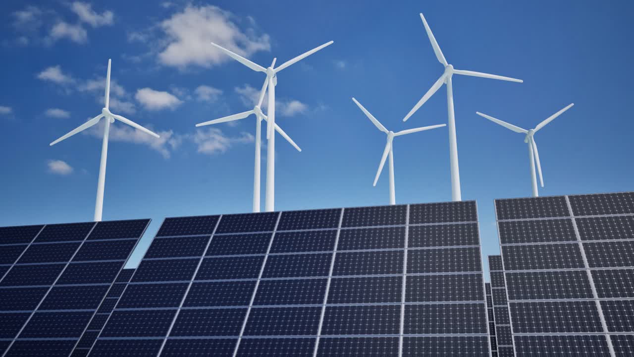 Pannelli solari e turbine eoliche che generano energia rinnovabile