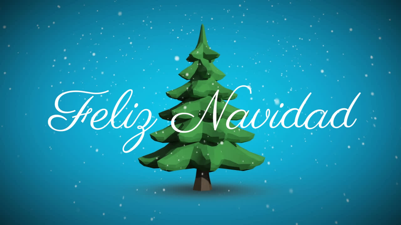 texto feliz navidad contra la nieve que cae sobre el icono del árbol de navidad giratorio en fondo azul
