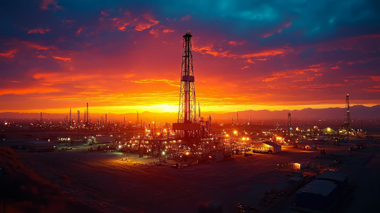 Colorful sunset over oil rig operations. Oil rigs are illuminated during a stunning sunset, with vibrant colors painting the sky and surrounding landscape
