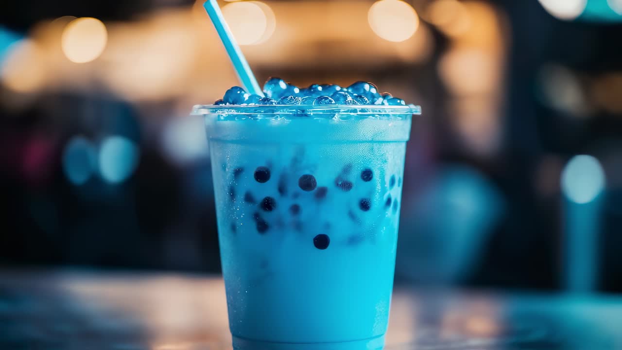 Plastic glass full of blue bubble tea with ice and a straw stands on a table, condensation forming on the glass, bokeh lights in the background