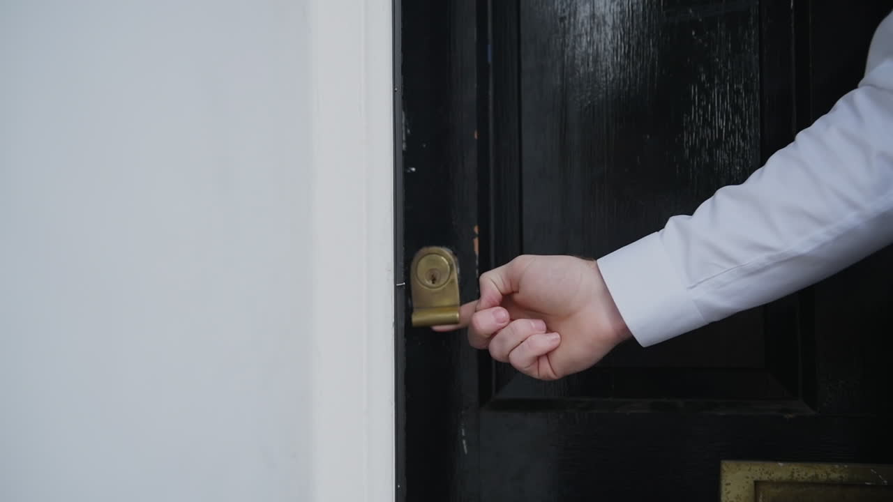 Businessman going to work opens front door, leaves house and exits building