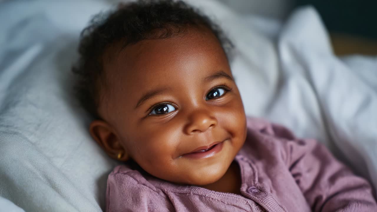 Adorable Baby Smiling in a Cozy Setting: Capturing the Pure Joy and Innocence of Infancy with Bright Sparkling Eyes, Soft Curly Hair, and an Endearing Personality That Melts Hearts