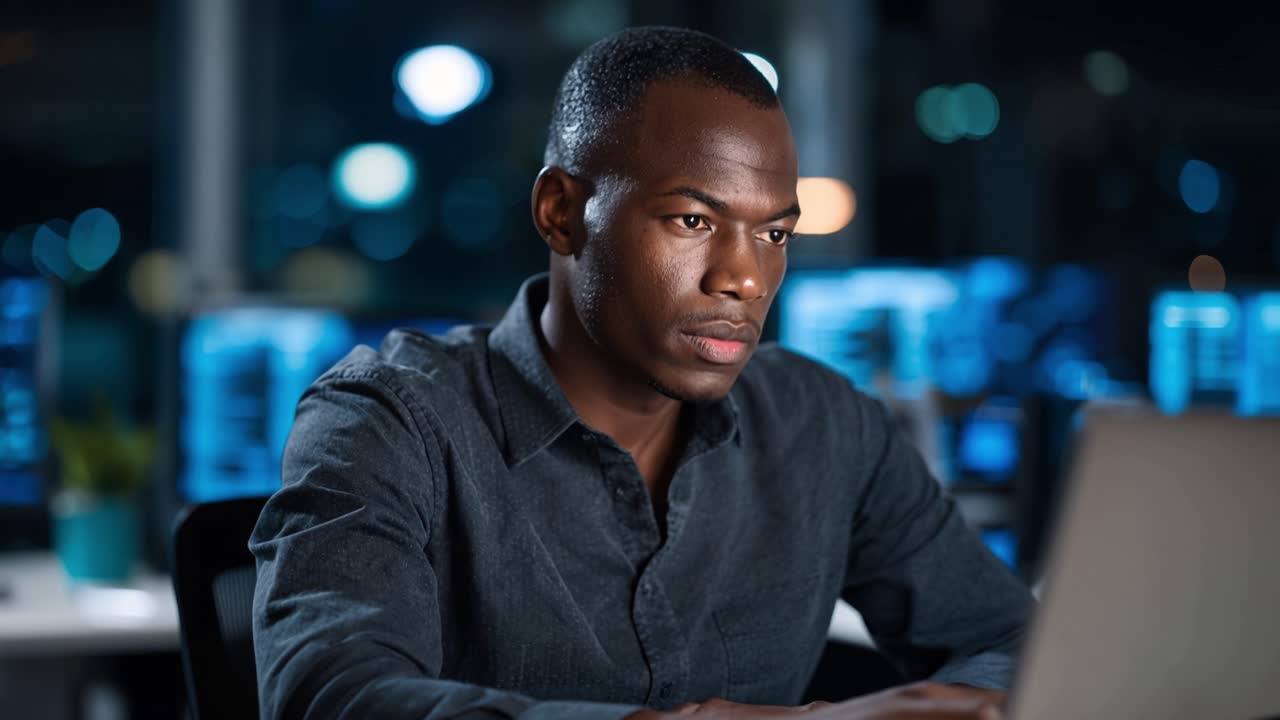 Focused Individual Engaged in Work at a Computer in a Dimly Lit Environment Surrounded by Multiple Screens and Ambient Light at Night
