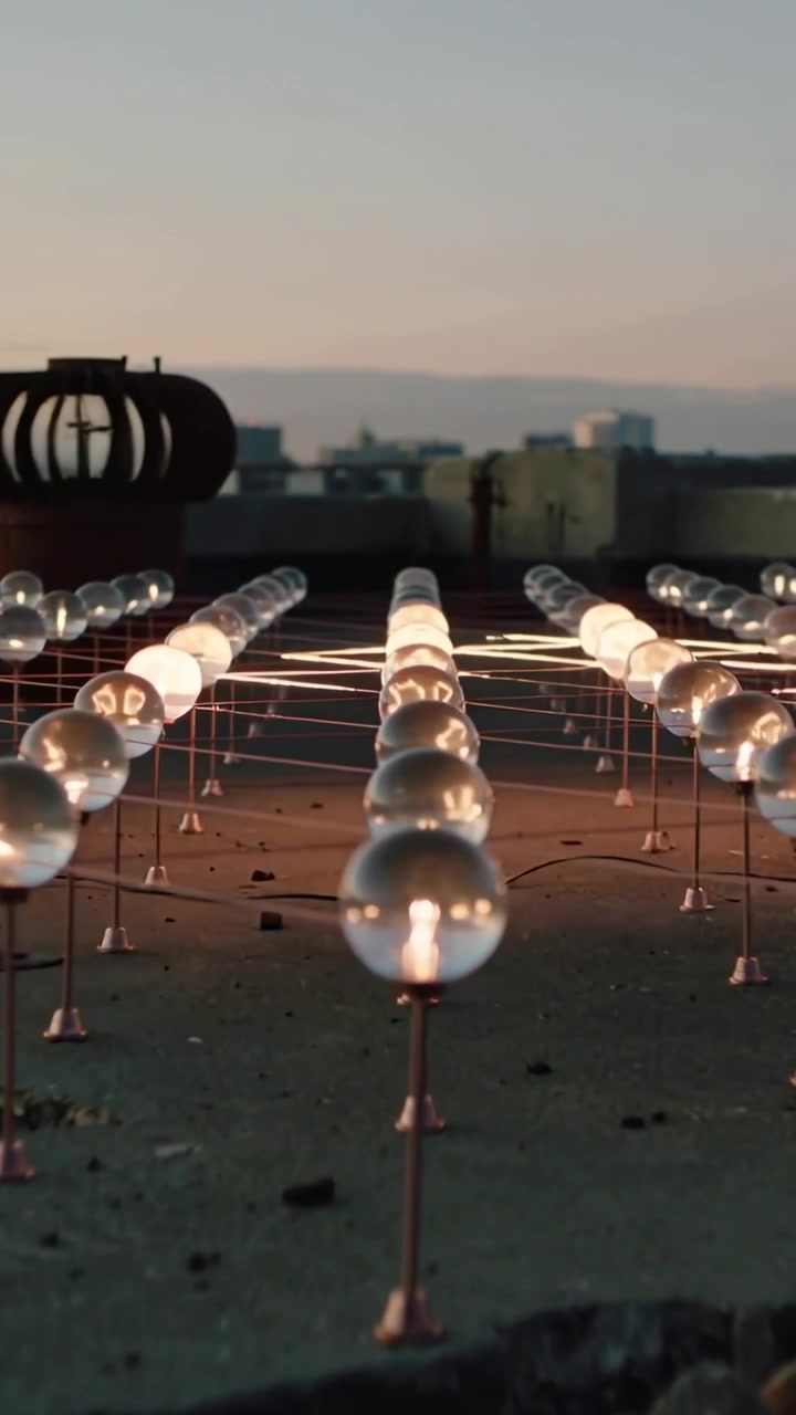 Vertical video: Tracking camera moving along glass globe grid on rooftop, revealing warm filaments