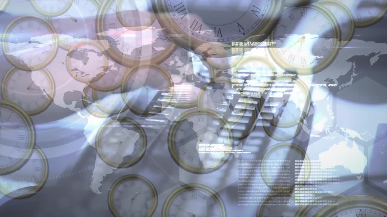 컴퓨터 키보드를 사용하여 데이터 처리 및 손에 떨어지는 시계의 애니메이션