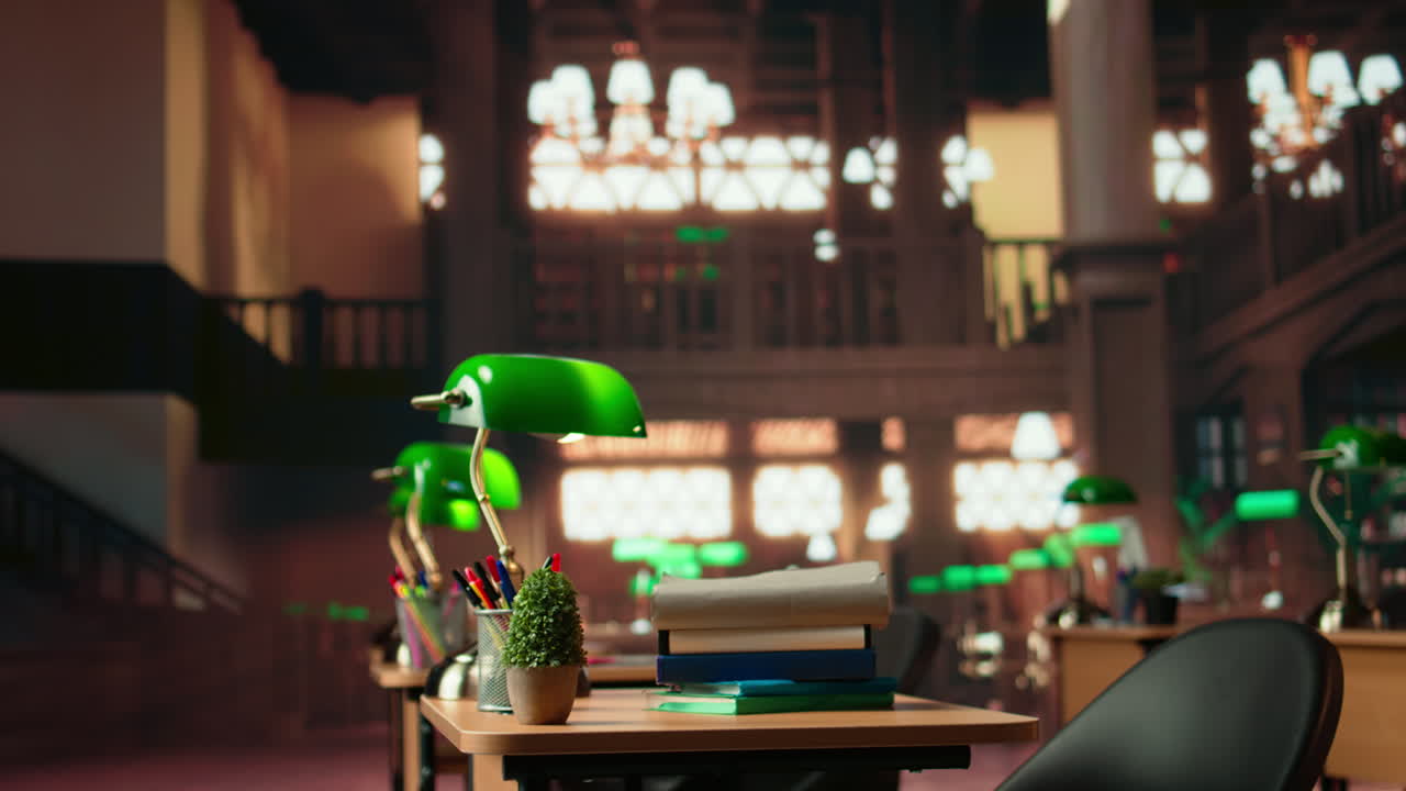 나무 선반 과 정교 한 초록색 램프 를 가진 우아 한 빈티지 도서관