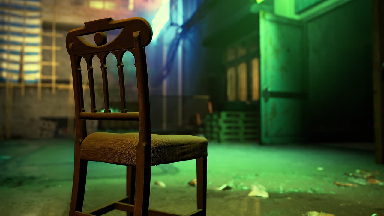 Mysterious empty chair illuminated by colorful lights in a dim alley