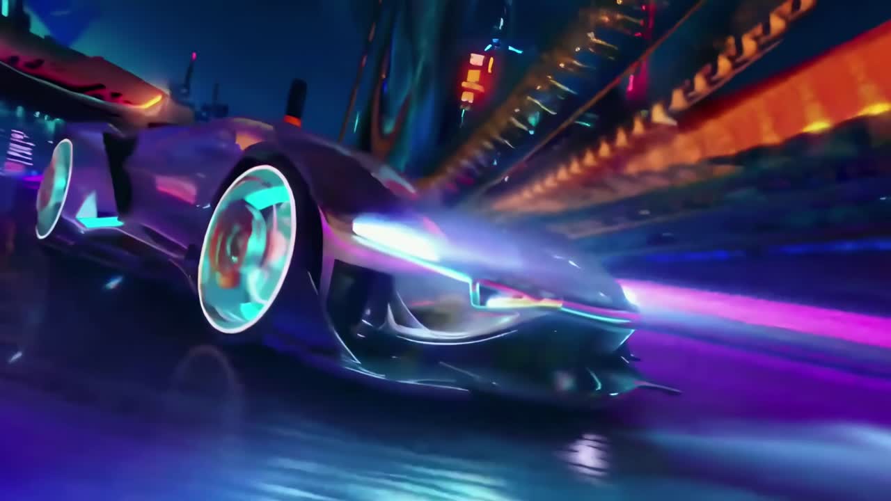 Futuristisk racer video med en dynamisk sidevinkel, neonbelyst bybillede og levende farver