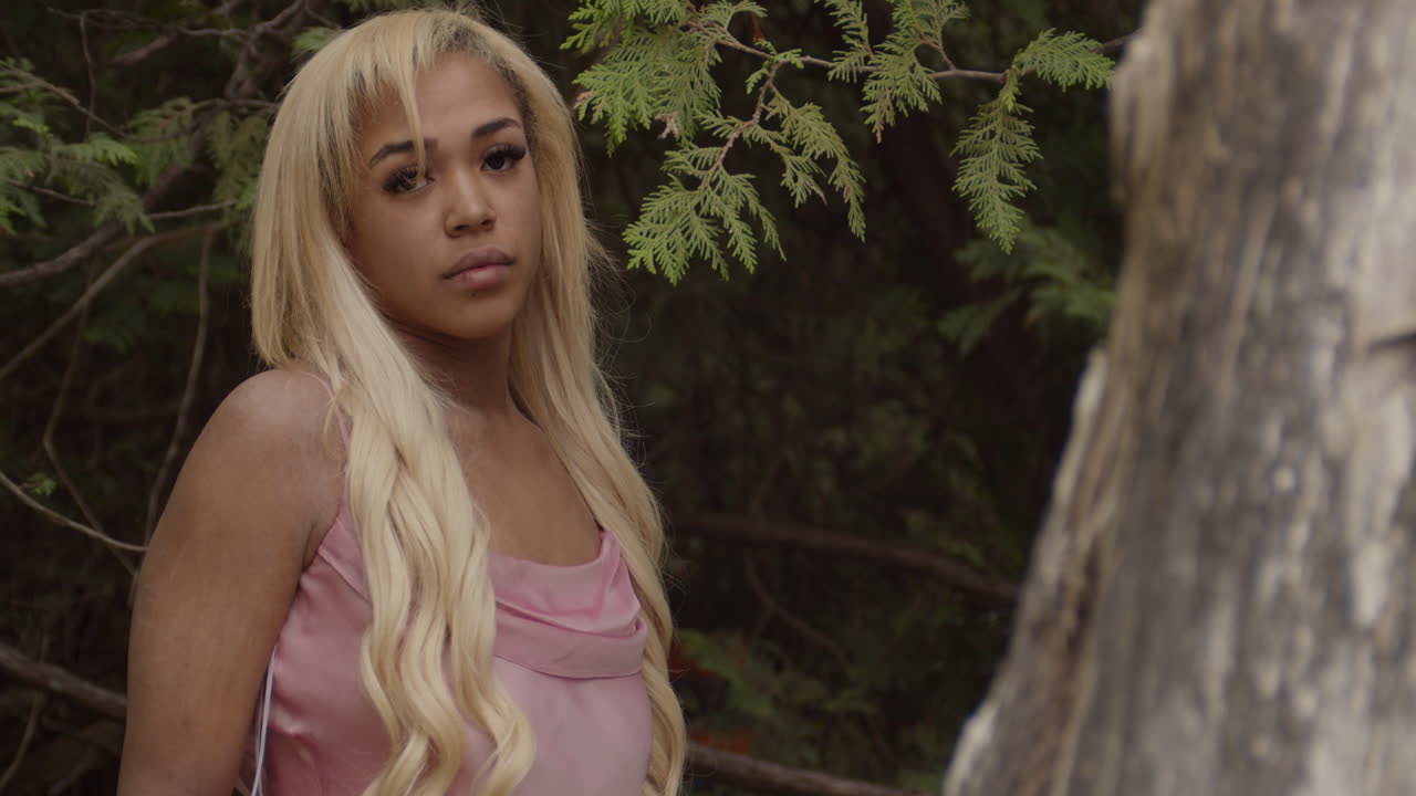 joven mujer de ébano con el cabello largo y rubio, con un vestido rosa, se encuentra cerca de un árbol en el bosque. mirando hacia otro lado, se vuelve hacia la cámara, antes de acariciar la rama de cedro blanco oriental que cuelga bajo. disparo medio.