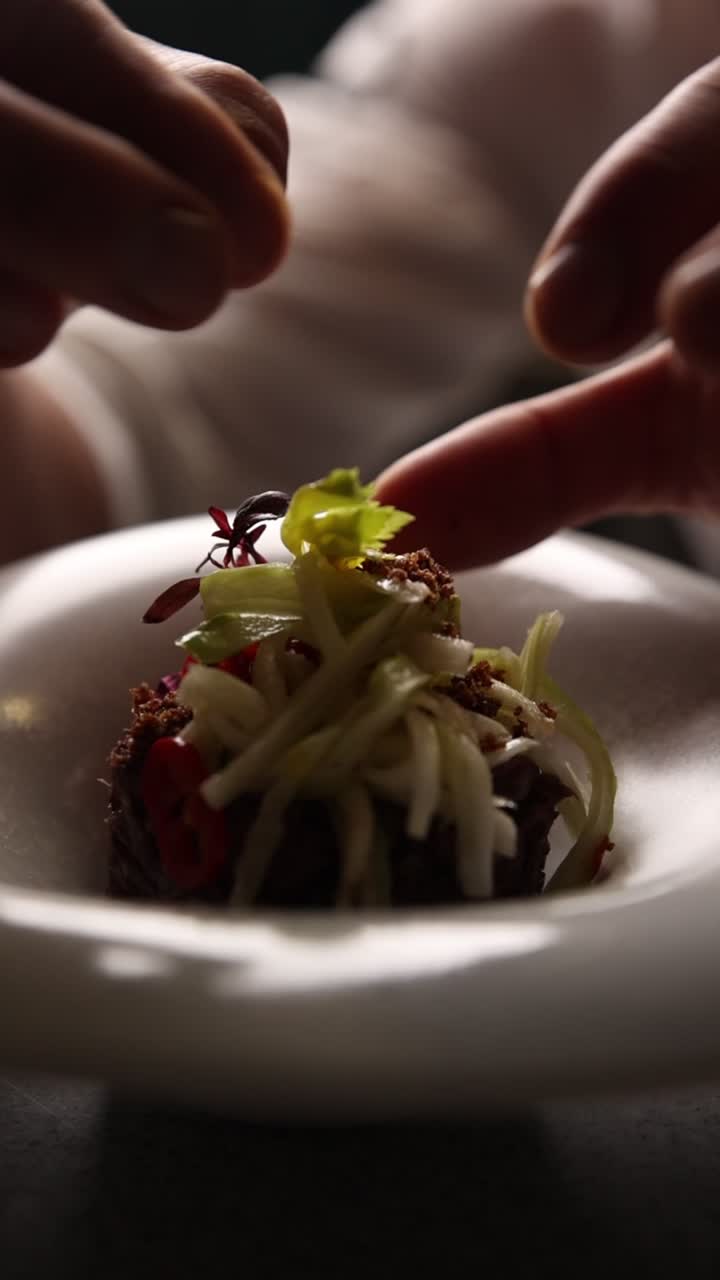 Chef's Hands Meticulously Plating a Gourmet Dish