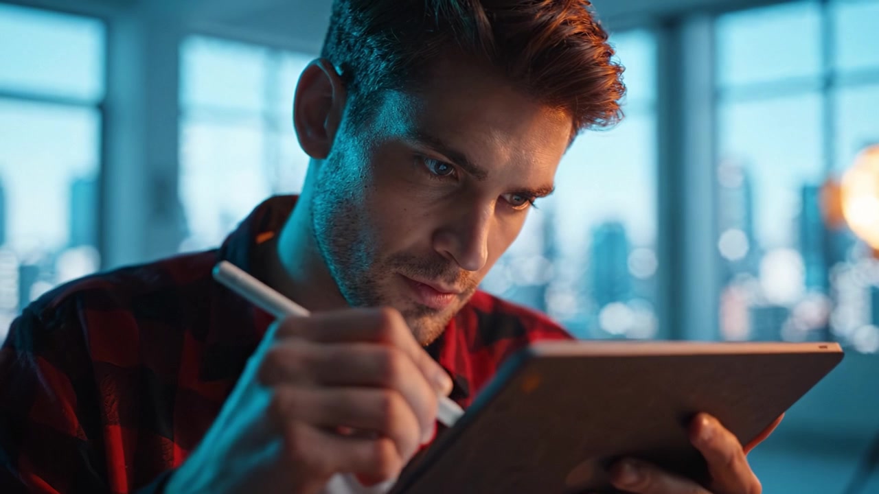 Fokussierter junger Mann in einem karierten Hemd, der ein digitales Tablet benutzt, um in einem hellen Raum mit Stadtblick Kunst zu schaffen, was Konzentration und Kreativität ausdrückt.