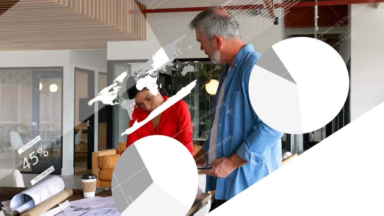 Animation of interface with data processing over diverse man and woman working on a plan at office