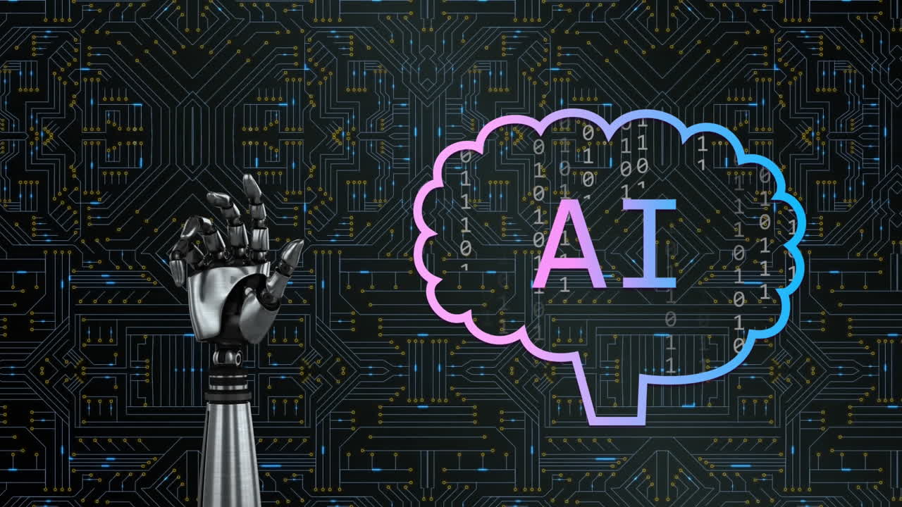 Animation of ai data processing over robot's arm and dark background