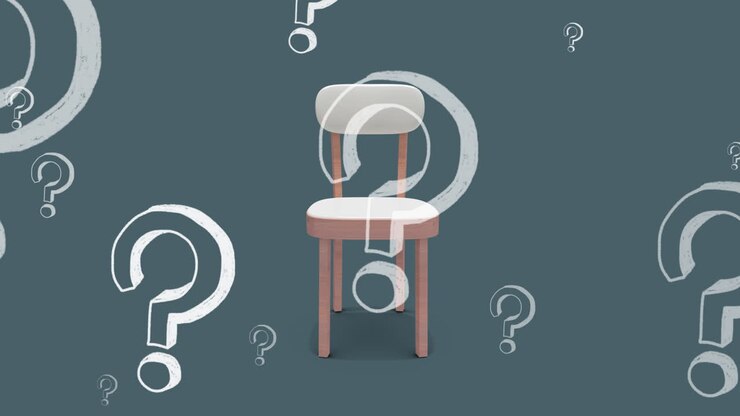 Animation of falling question masks over chair