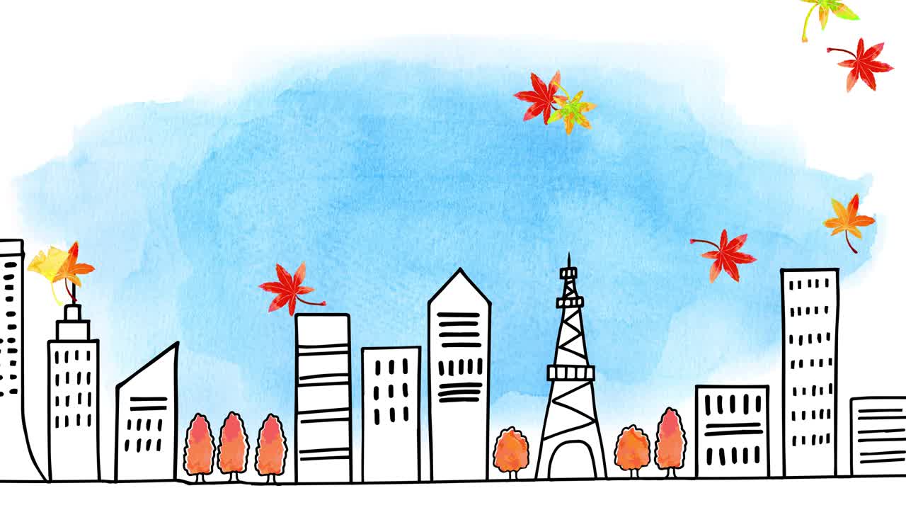 손으로 그리는 도시 풍경 라인 아트 및 하늘 애니메이션