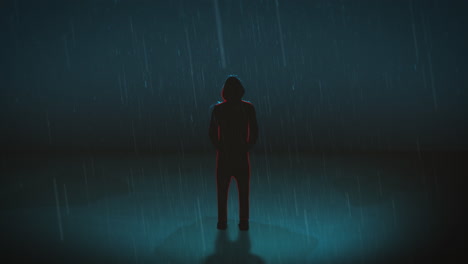 rain is pattering on a hooded person standing in a puddle - digital animation loop