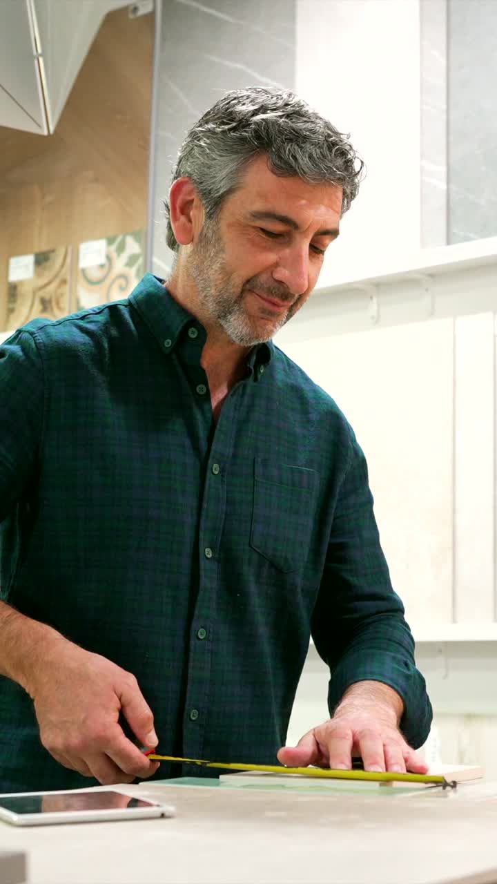 Man measuring tile with a tape measure