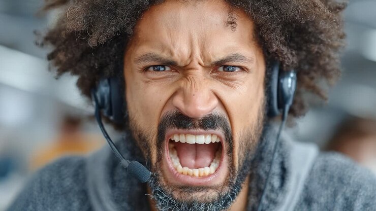 Interaction intense avec le service clientèle : un agent frustré exprime son mécontentement lors d’un appel à haute pression dans un centre d’appels moderne