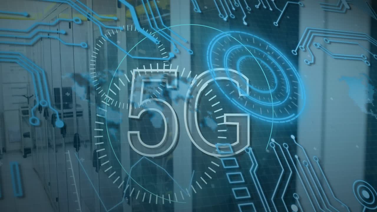 animazione della scansione dello scopo con testo 5g sulla stanza del server