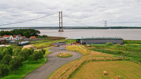 Aerial-drone-video-features-Humber-Bridge,-12th-largest-single-span