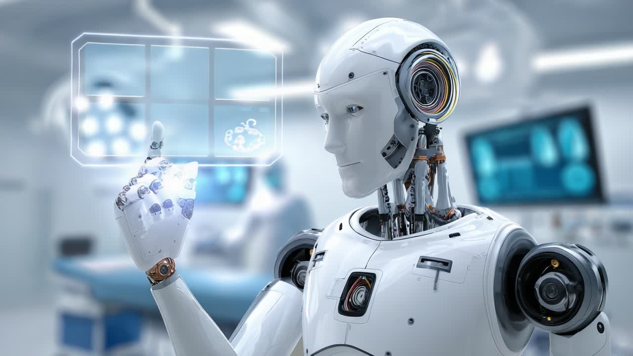 Futuristic Healthcare Robotics: A Cutting-Edge Robot Analyzing Patient Data with Holographic Displays in a Modern Medical Environment