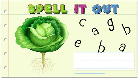 colorful animation guides viewers to spell 'cabbage' using scattered letters, enhancing educational engagement with playful visuals