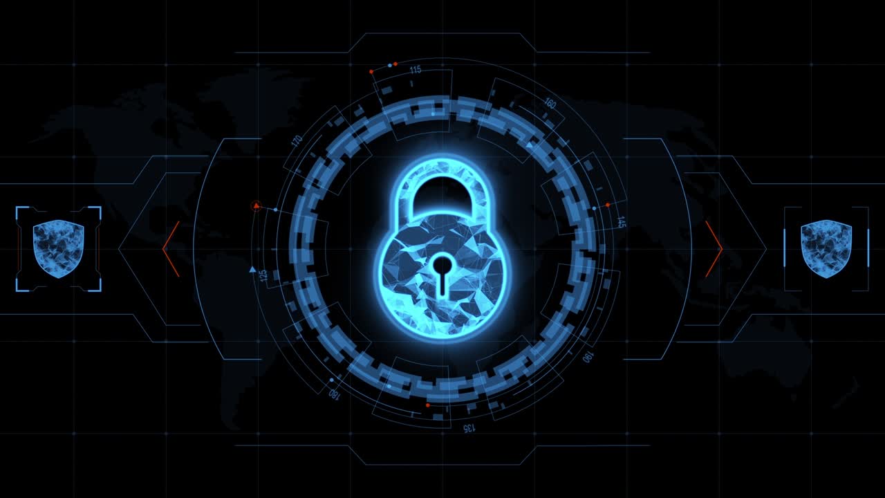 Motion graphic of Blue security Key with head up display ( HUD UI ) technology interface and futuristic elements