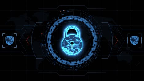 motion graphic of blue security key with head up display ( hud ui ) technology interface and futuristic elements