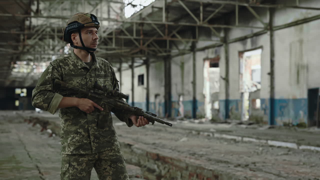 Soldier in a Destroyed Factory