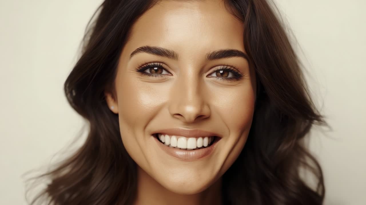 Opening shot showing smiling woman tilting head and winking in studio portrait, wearing neutral top