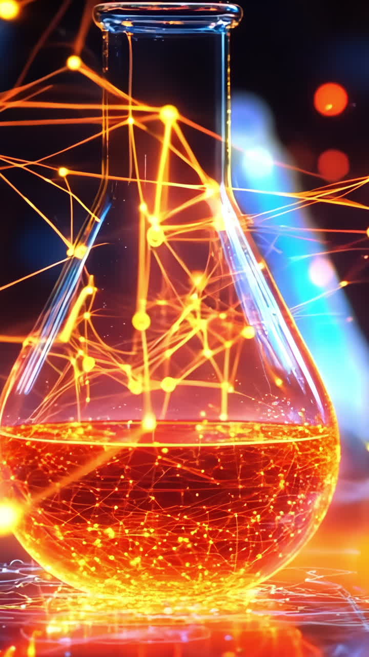 A glass vase with a glowing liquid inside. The liquid is orange and the vase is clear. The image has a futuristic and mysterious vibe