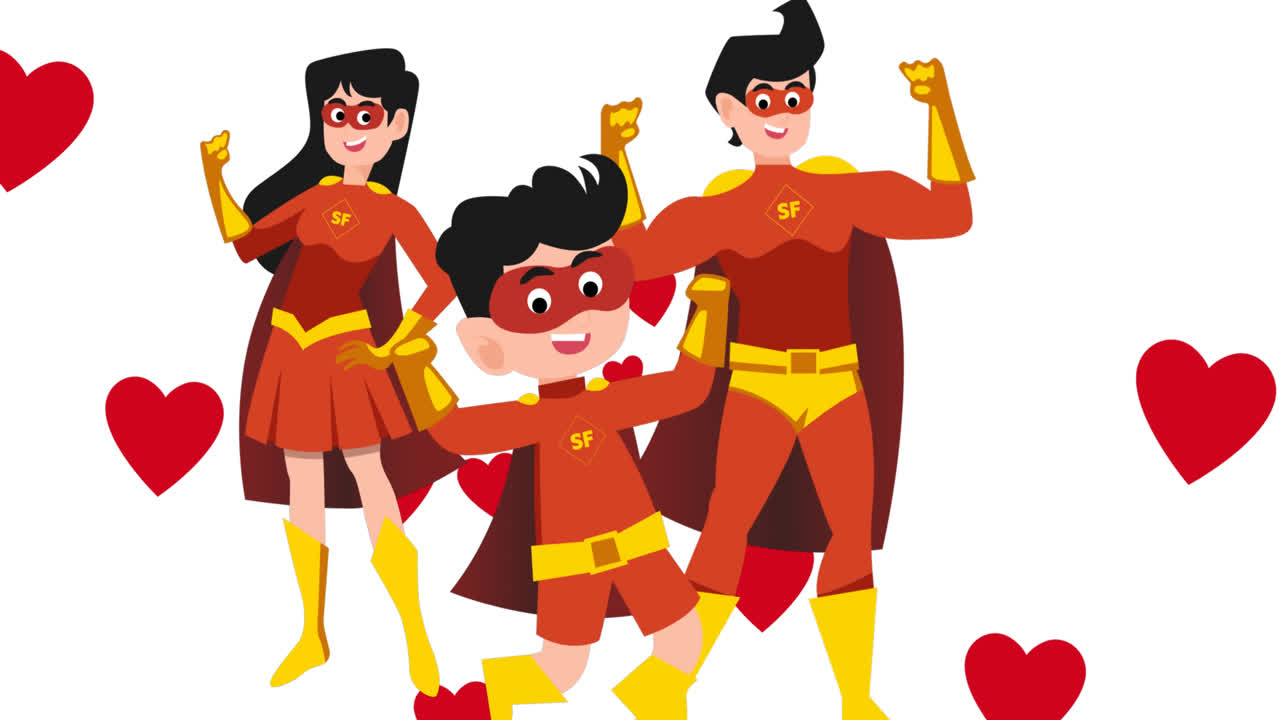 어머니, 아버지, 아들이 슈퍼히어로 의상을 입고 하 바탕에 심장을 그린 애니메이션