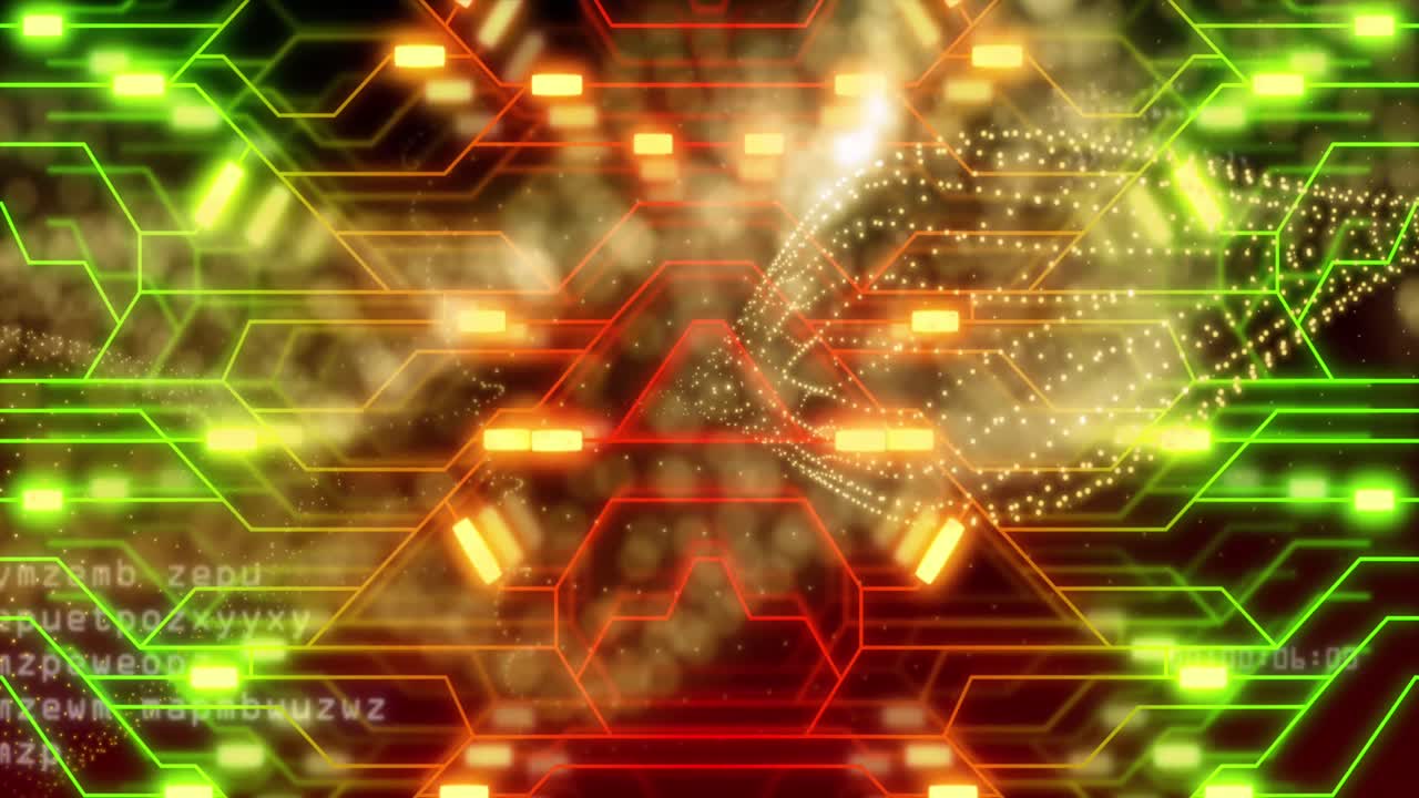 노란색 메시의 애니메이션, 컴퓨터 회로판을 통한 데이터 처리