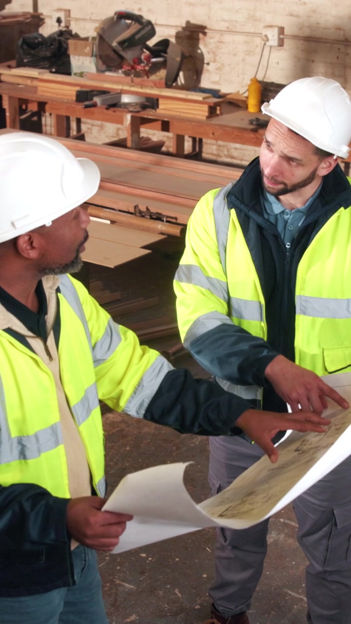 Two Construction Workers Reviewing Blueprints in a Workshop
