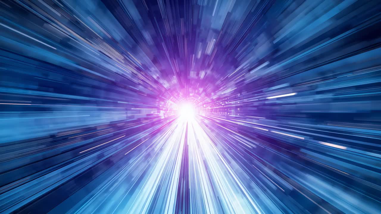 La visuale della telecamera in zoom si precipita verso un nucleo luminoso magenta-bianco in un tunnel fantascientifico, con scie blu-bianche.