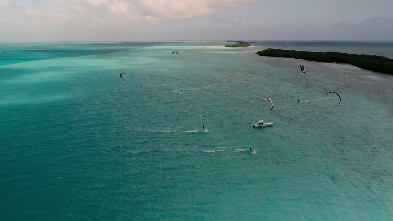 카이트 서핑 대회는 캐리비안 해수, 로스 로케스에서 많은 다채로운 연을 스포츠