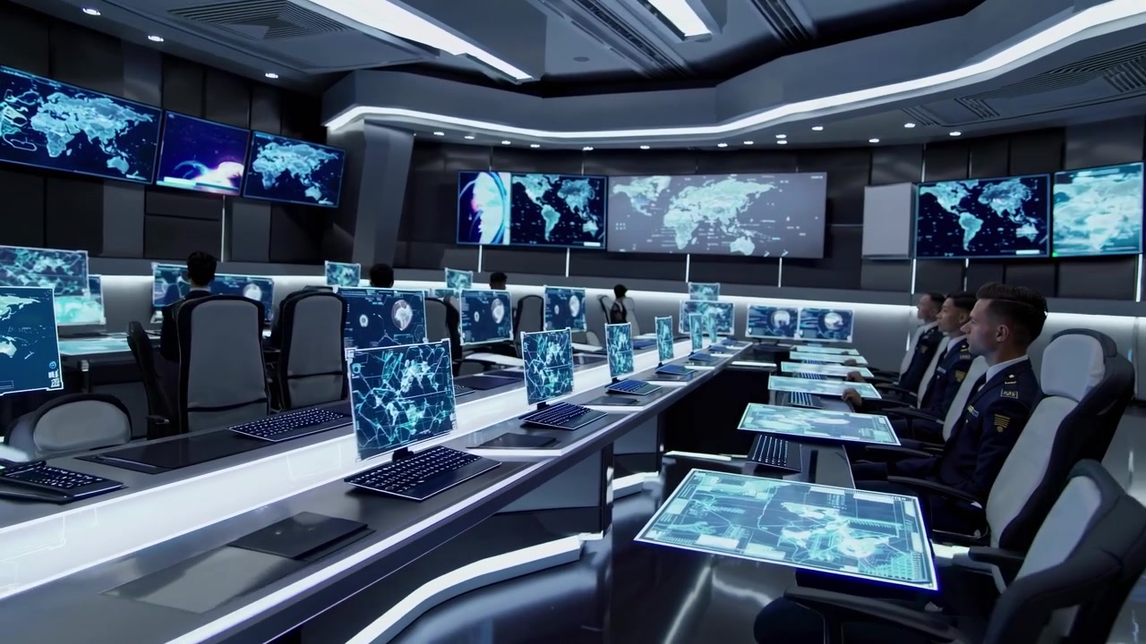 Military Personnel Working in High-Tech Command Center with Holographic Displays