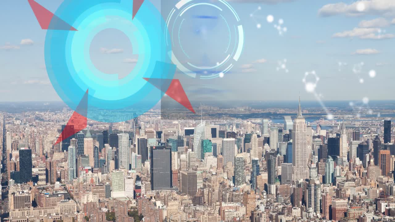 도시 풍경 위의 스 ⁇  스캐닝과 분자의 애니메이션