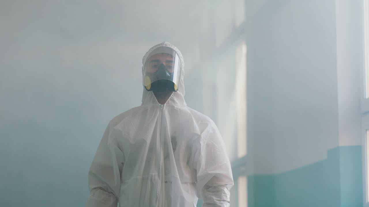Person in Hazmat Suit in Smoky Environment
